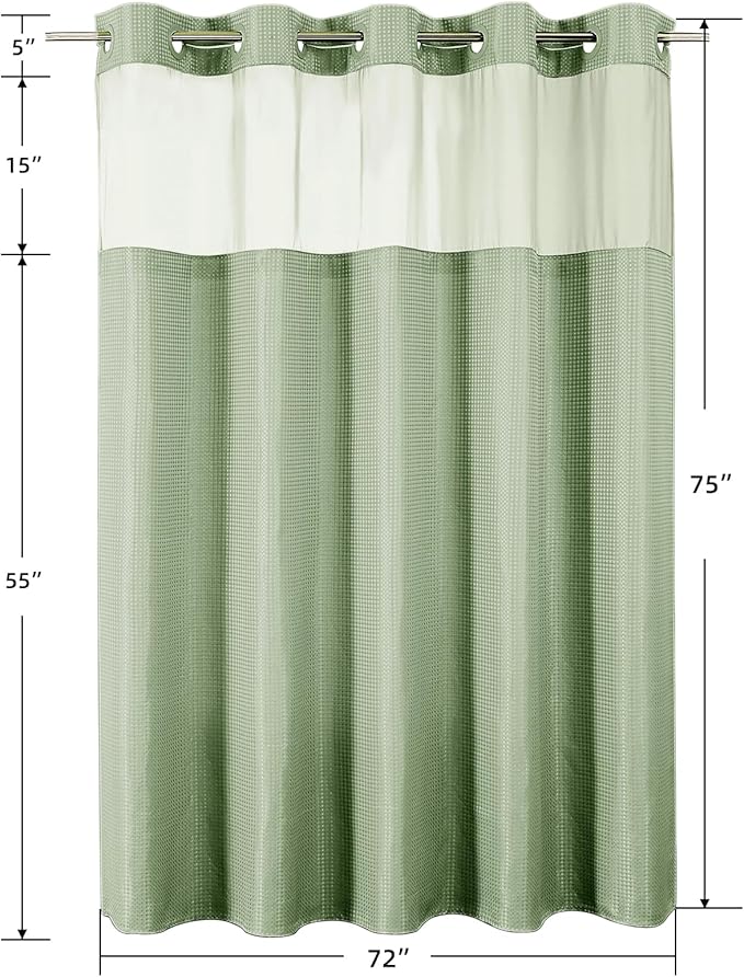 Colorful Star No Hook Shower Curtain with Snap in Fabric Liner, Waffle Weave Heavy Duty Thick Shower Curtains with Mesh Top Window, Hotel Style Waterproof Bathroom Curtain Set, 72'' x 75'', Sage Green