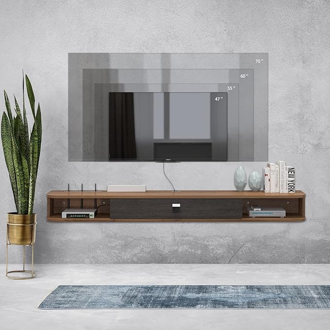 Pmnianhua Floating TV Shelf, 63" Wall Mounted TV Stand Console for Bedroom & Livingroom (Walnut)