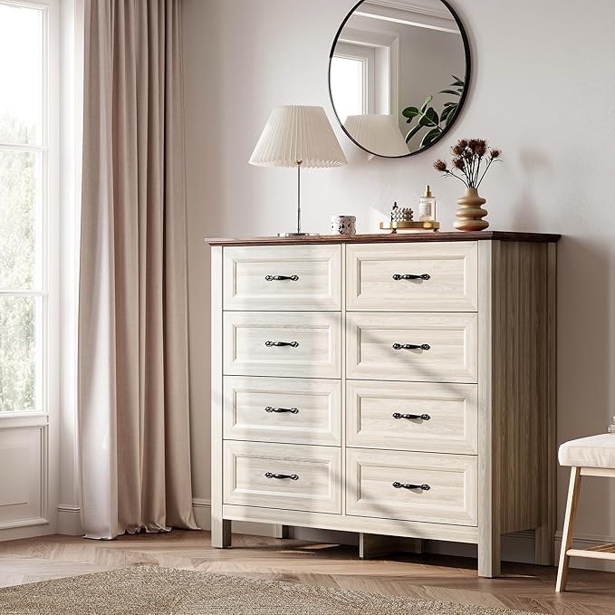 LINSY HOME Dresser for Bedroom with 8 Drawers, Updated Wide Chest of Drawers, Modern Farmhouse Bedroom Tall Dresser with Storage Organizer, Wooden Dressers for Living Room, Beige