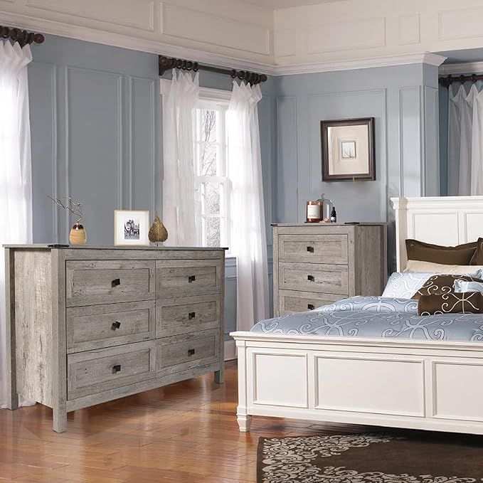 Farmhouse 6 Drawers Dresser and 2pcs 4 Drawer, Wood Double Dresser Chest of Drawers Wide Storage Organizer Cabinet for Bedroom, Living Room, Rustic Gray