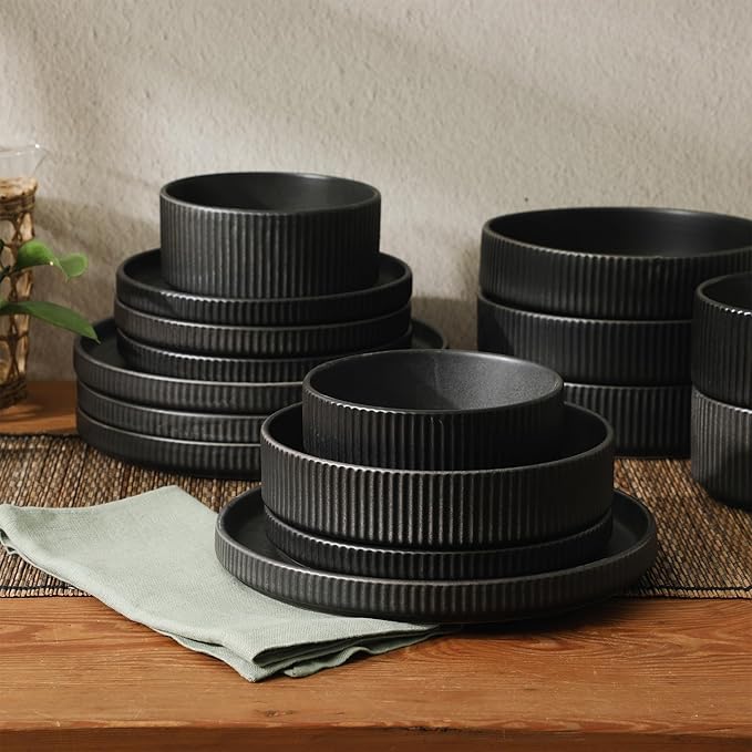 Gibson Elite Deerfield 16-Piece Stoneware Dinnerware Set – Matte Black Reactive Glaze Plates and Bowls, Stackable, Modern Design, Service for 4 – Microwave & Dishwasher Safe
