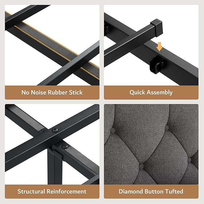 iPormis Queen Bed Frame with 2 Storage Drawers, Linen Upholstered Headboard Platform Bed with Charging Station, No Box Spring Needed, Metal Slats Support, Noise-Free, Easy Assembly, Grey