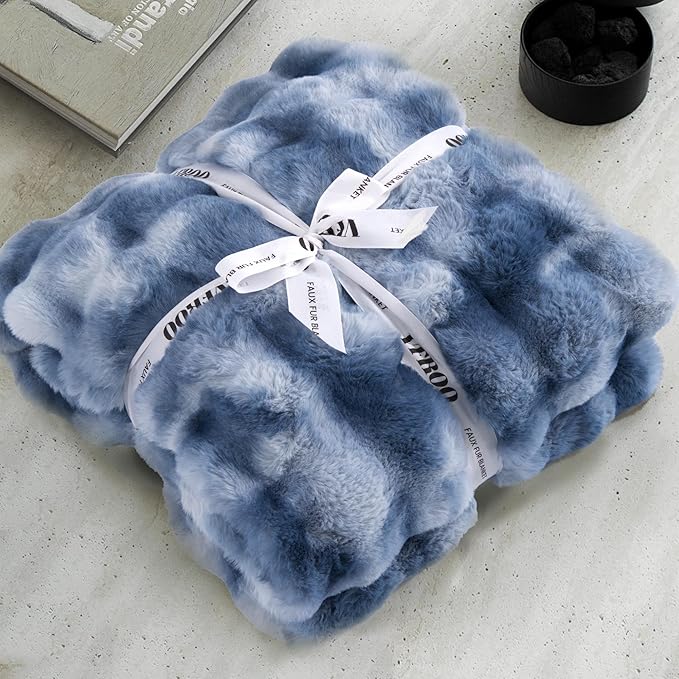 Ultra Plush Bubble Faux Rabbit Fur Blanket – 950GSM Thick Fluffy Throw Blanket for Bed, Couch, Sofa, or Gift, 50" × 60", Tie-dye Blue