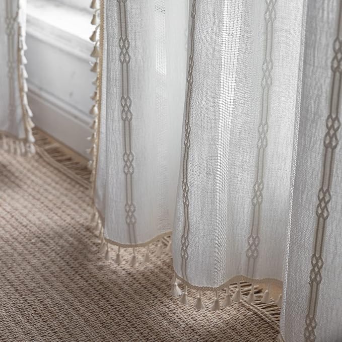Boho Curtains for Bedroom Embroidery Striped Farmhouse Curtains 63 Inch Length 2 Pannels for Living Room Off White Linen Semi Sheer Rod Pocket Drapes(52" W x 63" L,White)