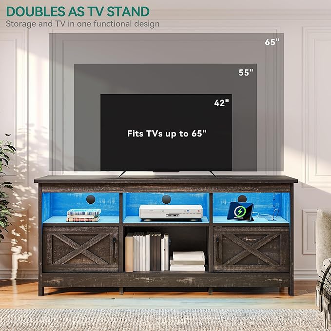 YITAHOME TV Stand for 65 Inch TVs, Entertainment Center with Storage Cabinets, Power Outlet & LED Light, Media Console Living Room Furniture, Dark Rustic Oak