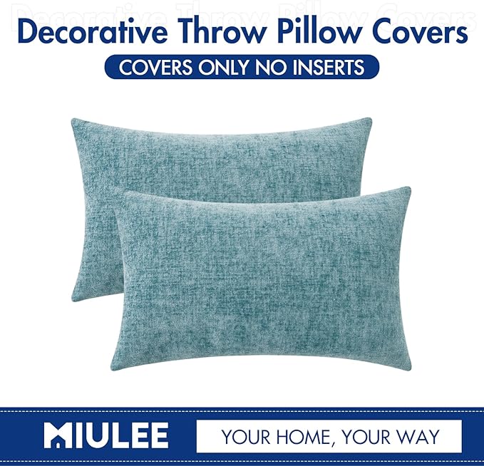 MIULEE Pack of 2 Couch Throw Pillow Covers 12x20 Inch Soft Smoke Blue Chenille Pillow Covers for Sofa Living Room Solid Dyed Pillow Cases