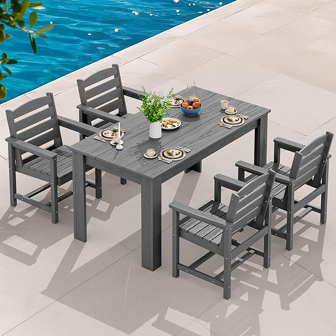 SERWALL Patio Dining Set for 4, Outdoor Dining Sets for 4 Person with 1 Umbrella Hole Cut-Out Rectangular Table and 6 Chairs, HDPE Dining Sets for Garden, Backyard, Poolside, Gray