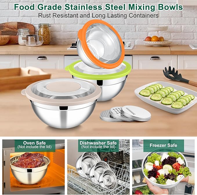 E-far Mixing Bowls with Lids and Graters, Stainless Steel Salad Mixing Bowl with Transparent Lid Set of 3, Metal Nesting Salad Storage for Kitchen Prepping/Serving/Baking, 4.6/2.6/1.5QT - Colorful