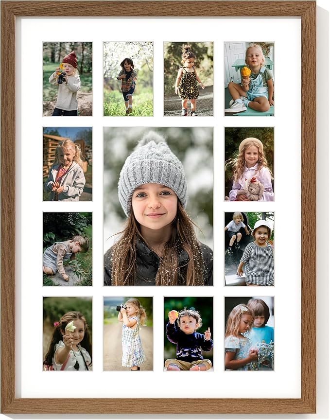 Axeman 12x16 School Years Picture Frame K-12 Day Graduation Photo Collage Solid Oak Picture Frame With Mat - Displays One 5x7 Photo and Twelve 2.5x3.5 Pictures, Hanging Hardware Included, Walnut