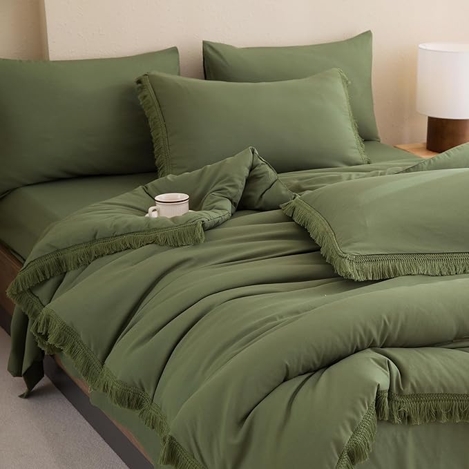 Andency Queen Comforter Set with Sheets Olive Green -7 Pieces Bed in a Bag Boho Tassel Bedding Sets, All Season Fringe Bed Set with Comforter, Sheets, Pillowcases & Shams