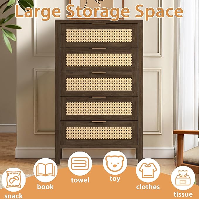 Wood 5 Dresser for Bedroom, Wide Rattan Drawer with Gold Handle for Bed Room, Hallway, Brown Oak