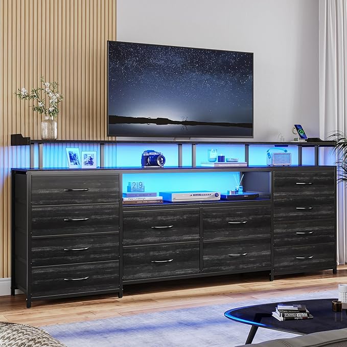 12 Drawers TV Stand Dresser for 65/70 inch TV, Entertainment Center with LED Lights & Power Outlets, 63" Large LED TV Stand, TV Console for Bedroom