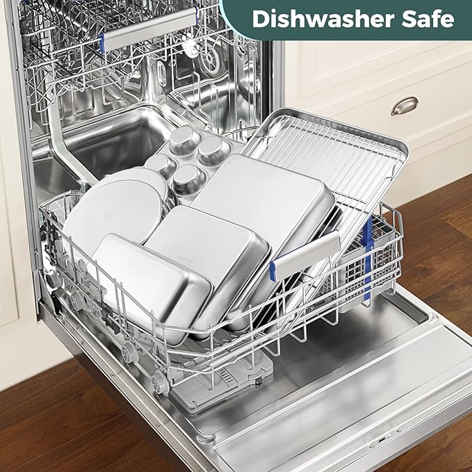 E-far 12-Piece Bakeware Sets, Stainless Steel Baking Pan Set Includes Cookie Sheet, Round Square Rectangle Cake Pans with Lids, Multi-Functional for Loaf Muffin Pizza, Non-toxic & Dishwasher Safe