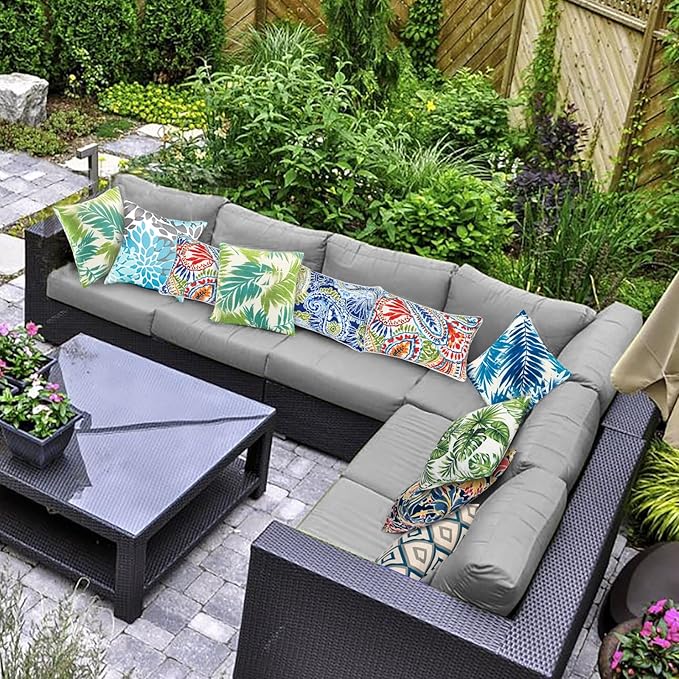 JMGBird 12×20 Inch Outdoor Lumbar Pillows Pack of 2 Colors Waterproof Throw Pillows with Insert Rectangular Decorative Garden Cushion for Home Furniture Patio Coach Sofa