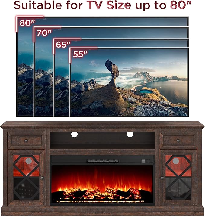 Farmhouse 70" Fireplace TV Stand with 37" Electric Fireplace, Large LED Entertainment Center with Storage for 80" TVs, TV Console Cabinet with Diamond Door for Living Room, Brown