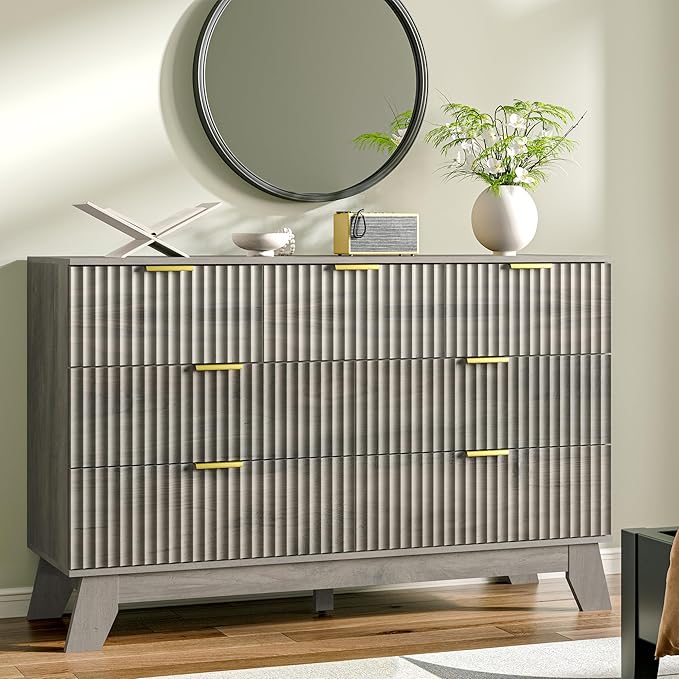 Fluted Dresser for Bedroom with 7 Drawer, Mid Century Modern Chest of Drawers, 48" Wide Natural Wood Dresser for Closet, Wooden Boho Chest Closet Storage TV Stand for Bedroom, Grey