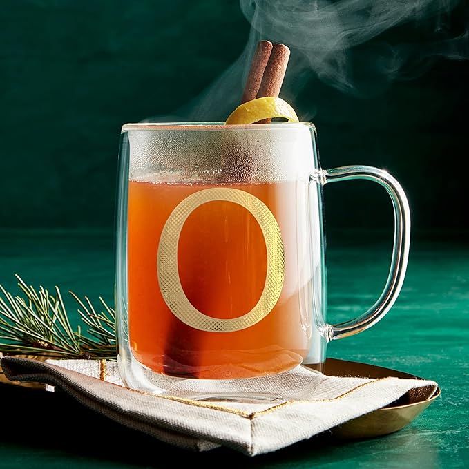 COLLECTIVE HOME - Double Walled Glass Coffee Mugs, Insulated Coffee Mug with Handle, Personalized Gifts for Women, Men, Christmas, 14 oz Monogram Cups (O)