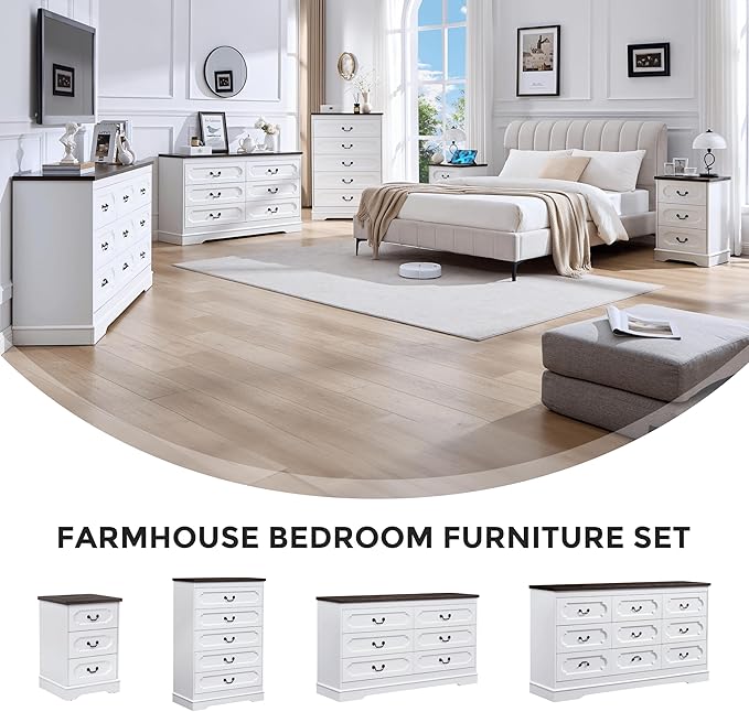 LIDYUK 3 Drawer Dresser for Bedroom Farmhouse White Wood Chest of Drawers Bedroom Dresser with Charging Station, Rustic Small Drawers Dressers Nightstand Wooden Closet Storage Cabinet, Living Room