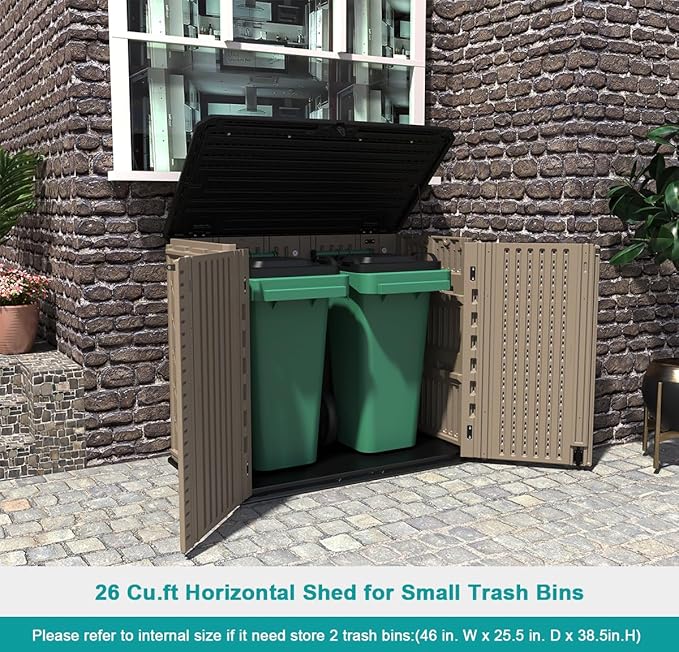 KINYING Outdoor Storage Shed - Horizontal Storage Cabinet Waterproof for Garden, Patio, Backyard, Storage Box for Easy Storage of Garbage Cans, Tools, Lawn Mower, 26 Cubic Feet,Dark Brown