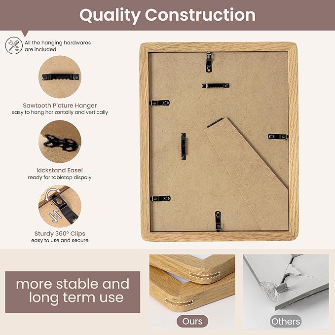 8.5 by 11 Picture Frame - Solid Oak Wood 8.5x11 Fram, 8 1/2 x 11 Diploma Frame With Mat For 6x8, Tabletop and Wall Display, Hanging Hardware Included, Certificate Document Frame, Natural Oak