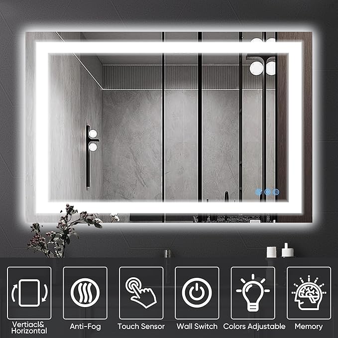 Antok 32"x 48" LED Bathroom Mirror with Lights, Anti-Fog, Dimmable, Lighted Vanity Mirror with Tempered Glass, Memory Function, 3 Light Modes, Safe Use, Horizontal, Vertical