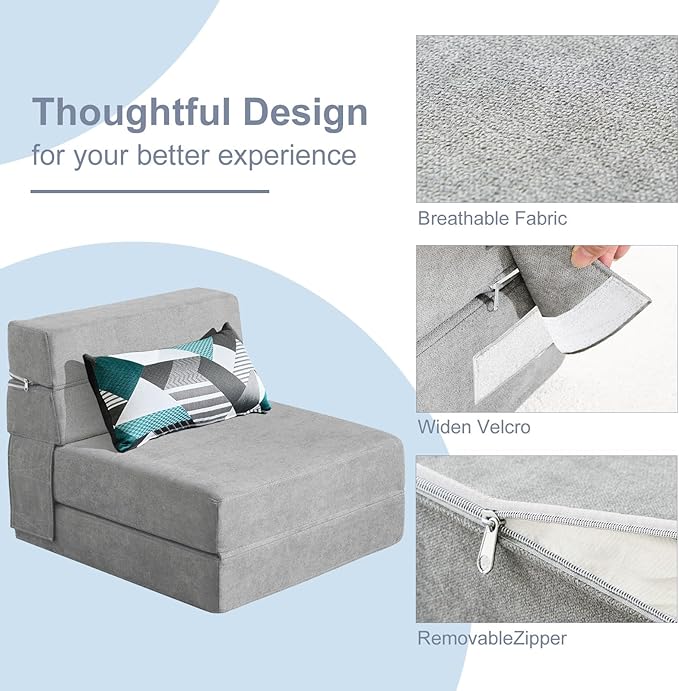 ANONER Folding Sofa Bed Couch Memory Foam Fold Out Chair Bed with Pillow, Single Size Convertible Sofa Bed Futon Sleeper Chair, Light Gray