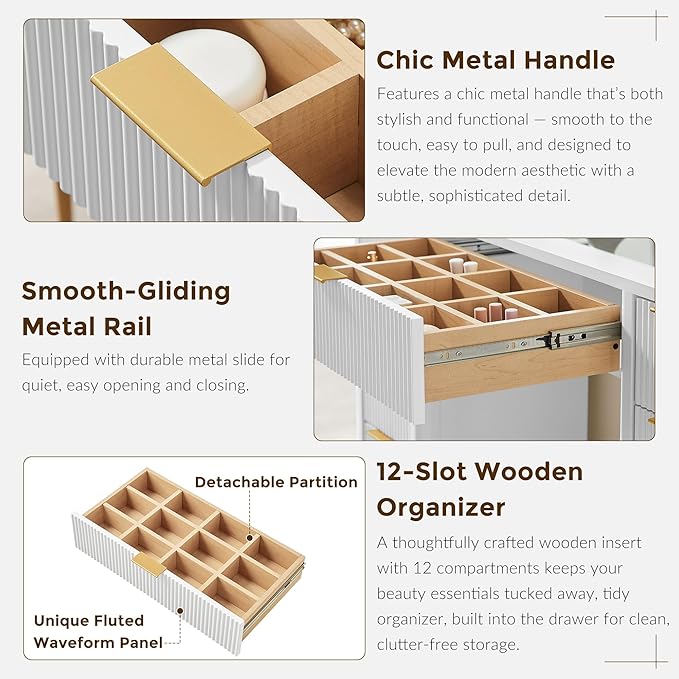 T4TREAM 48" Fluted Makeup Vanity Desk with 48" Large Mirror and HD LED Lights, Modern Vanity Table with 9 Drawers & Charging Station, Glass Top and Golden Handles Dressing Table for Bedroom, White