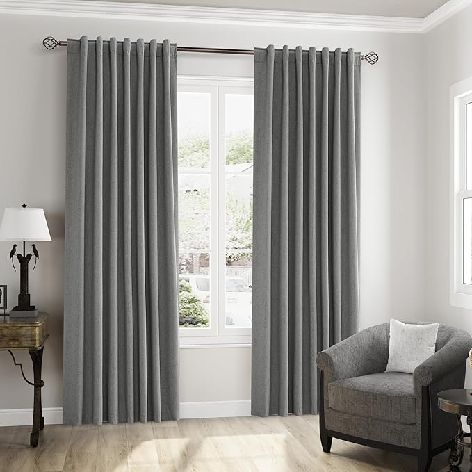Guken 100% Blackout Linen Curtains 90 Inch Length 2 Panels Set for Living Room Bedroom Back Tab Thermal Insulated Black Out Linen Drapes Room Darkening Window Curtains,Dark Grey