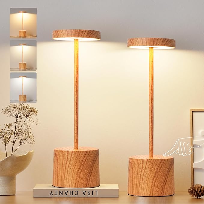 Kakanuo Wooden Rechargeable Cordless Lamp - Touch Control, 3 Color Temperature, LED Outdoor Wireless Lamp, Battery Operated Lamps, Stepless Dimmable, Set of 2