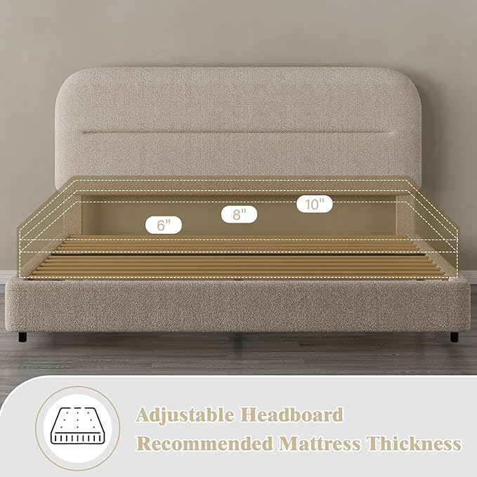King Size Boucle Bed Frame, Upholstered Cloud Bed Frame with Headboard, Soft Platform Bed Frame with Thickened Footboard, Rounded Corners, No Box Spring Required, Easy Assembly, Beige