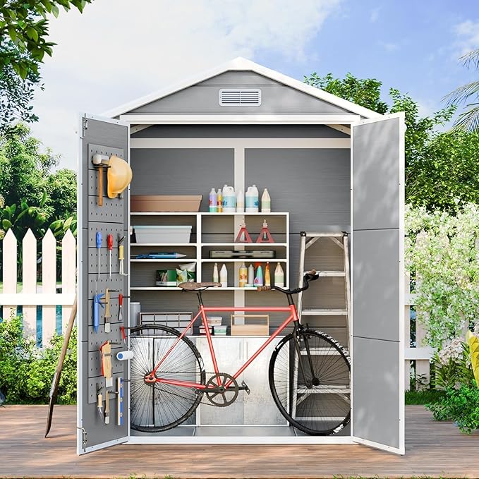 6x3 FT Resin Storage Shed, Waterproof Outdoor Shed with Floor Included, Window, Double Lockable Doors & 2 Vents, Outside Plastic Sheds for Garden Patio Backyard, Grey