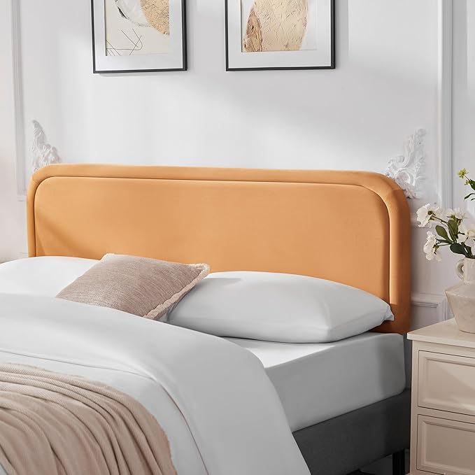 Velvet Fabric Headboard for King Size Bed, Upholstered King Headboard Only, Dorm Headboards from 41” to 49” Height, Sturdy and Durable Solid Wood Bed Head Board, Orange