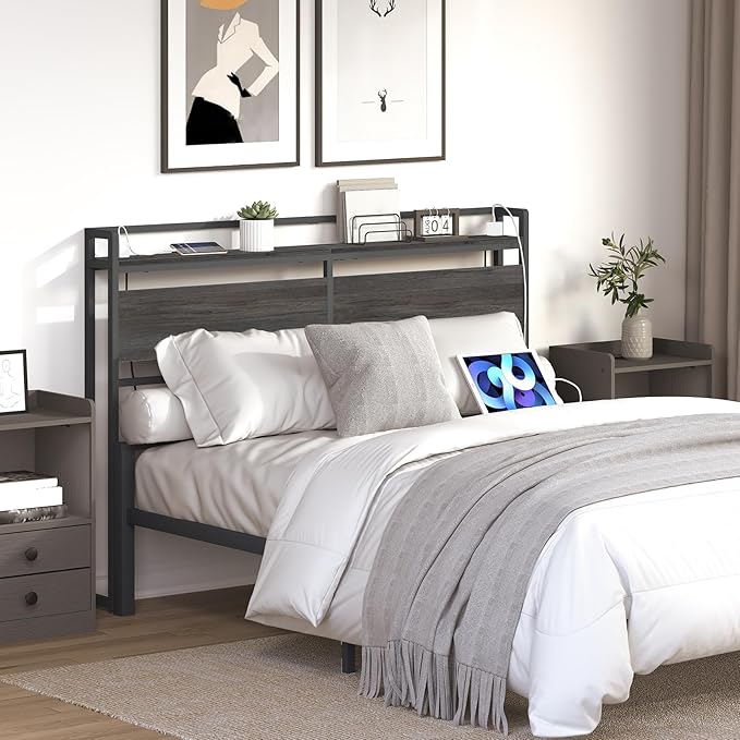 HOOBRO Headboard Queen Size, Headboard with 2 Outlets and 4 USB Ports, Adjustable Height, Storage Rack, Sturdy and Stable, Easy Assembly, Charcoal Gray and Black