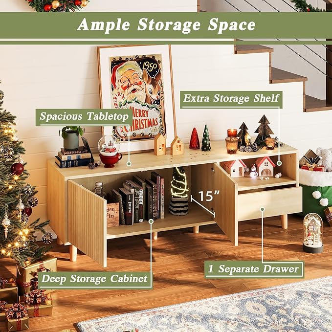 58" Mid Century Modern TV Stand for 32-65 inch TVs, Light Wood TV Console with with Fluted Doors and Drawer, Entertainment Center with Storage for Living Room, Oak