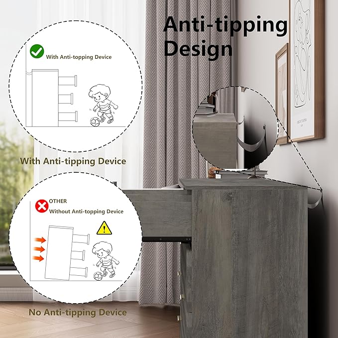 Fluted Dresser for Bedroom, 8 Drawer Dressers & Chest of Drawers, Mid Century Modern Dresser for Closet Boho Bedroom Furniture, Nature Wood Chest of Drawers Storage Organizer for Living Room,Grey