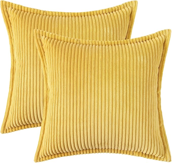 Mecatny Corduroy Throw Pillow Covers 22x22 Set of 2, Neutral Decorative Soft Boho Couch Pillow Covers with Broadside for Sofa Living Room, Mustard Yellow