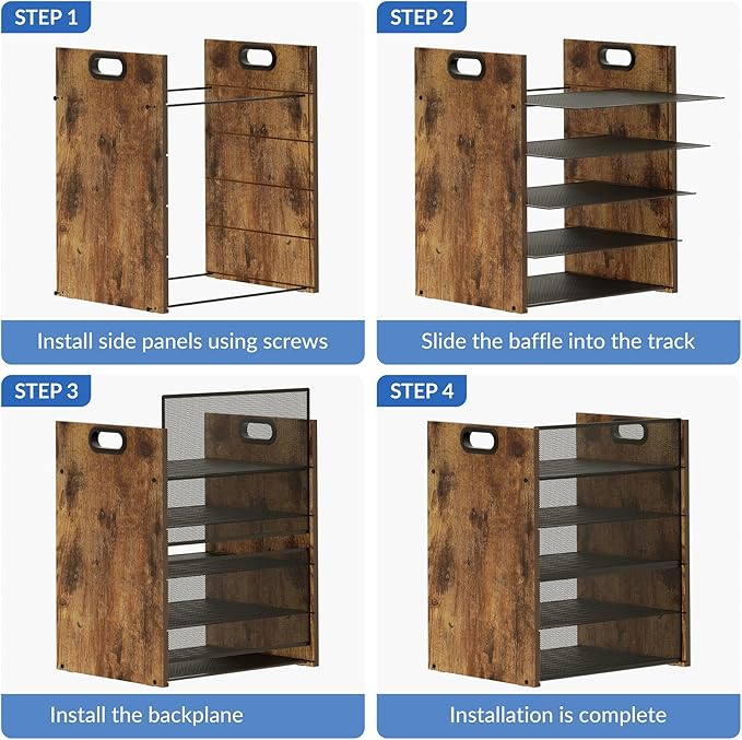 5 Tier Wood Paper Organizer for Desk, Metal Office Organizer and Accessories with Handle, Mesh File Holder for Desk, File Cabinets for Home Office, School