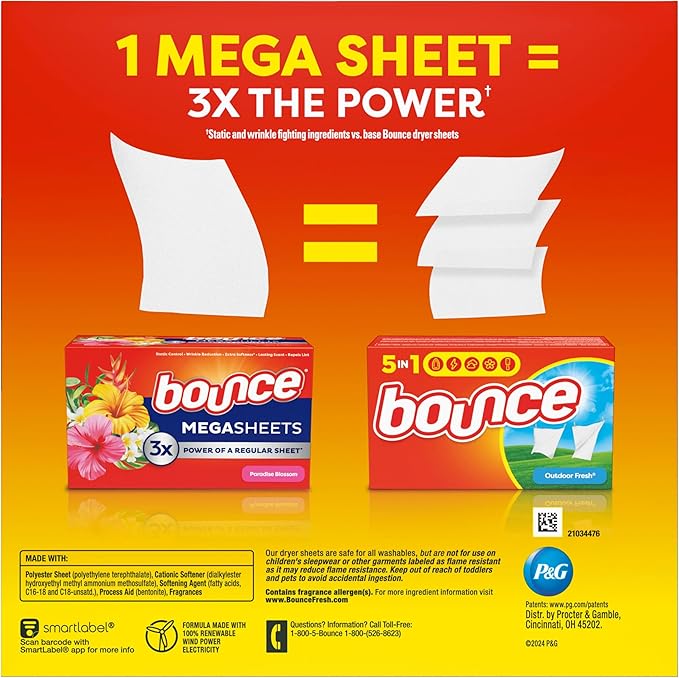 Bounce Mega Dryer Sheets, Paradise Blossom, 130 Count (Packaging May Vary)