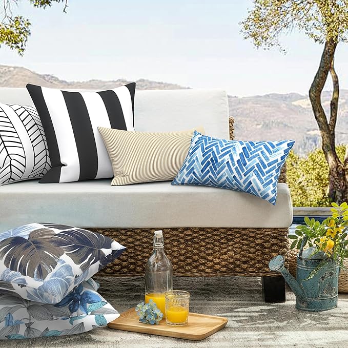 Pack of 2 Patio Throw Pillow Covers ONLY, Water Repellent Cushion Cases 20x20 Inch, Square Pillowcases for Outdoor Couch Decoration, Clemens Noir Blue