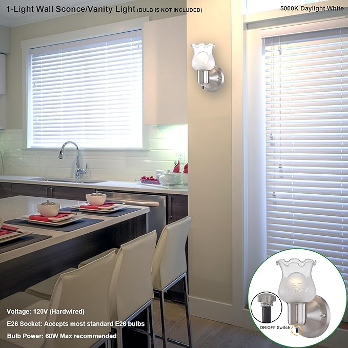 GRUENLICH Wall Sconce, Modern Vanity Light, for Bathroom, Bedroom, Sitting Room, with ON/Off Switch, E26 Base 60W Max, Metal Housing with Glass, Nickel Finish, 1-Pack