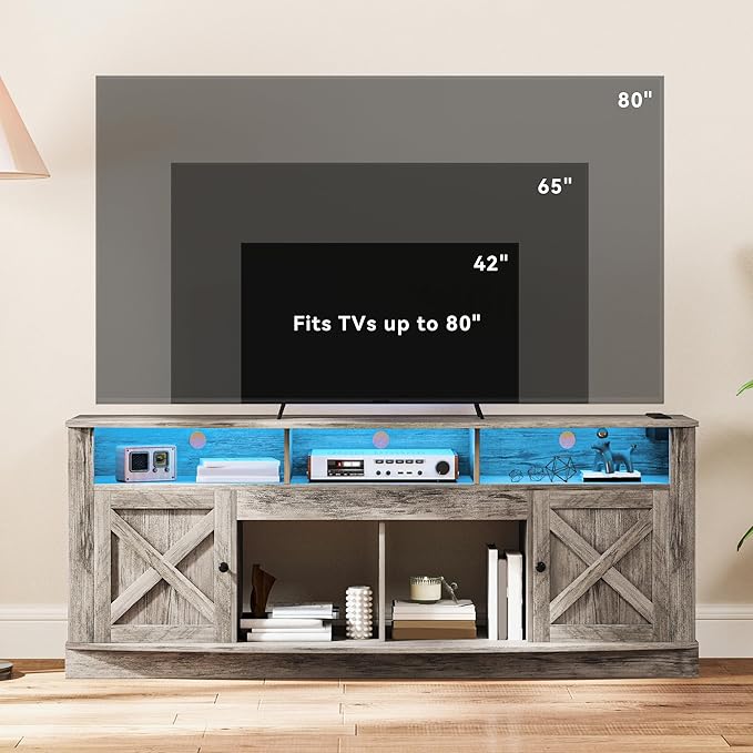 DWVO TV Stand for 75/80 Inch TV, Entertainment Center, LED Light Media Console, TV Cabinet with Barn Doors and Power Outlet for Living Room, Washed Grey