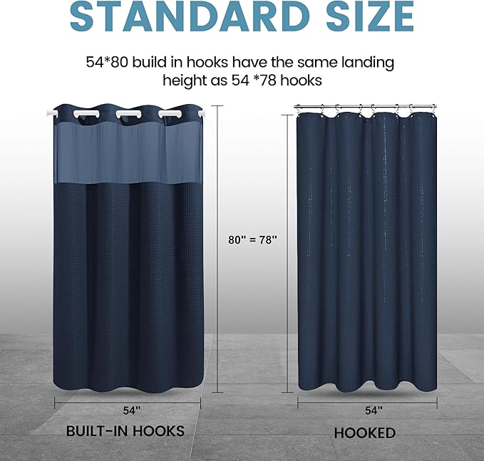 Navy Blue Stall No Hook Shower Curtain with Snap in Liner,230GSM Waffle Weave Shower Curtains for Bathroom,54W x 80H