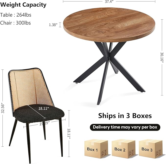 NORDICANA Dining Table Set for 4, Wooden Round Table and Wicker Chairs, 5-Piece Modern Kitchen Dinette Set for Breakfast Nook, Black Boucle Seat