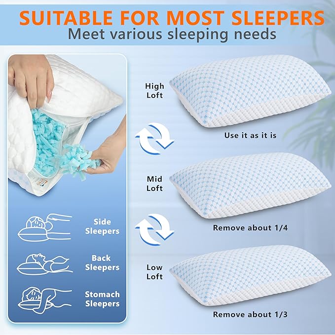 Cooling Memory Foam Pillows for Sleeping Firm and Soft, King Size Set of 2, Original Adjustable Pillows for Side, Back or Stomach Sleepers (2, Blue, King)