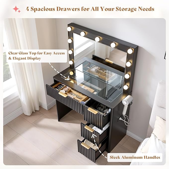 AMERLIFE 36.2" Fluted Vanity Desk with Large Mirror and Adjustable LED Lights, 4 Drawers Makeup Table with Glass Top and Charging Station for Women and Girls, Bedroom or Dorm, Black
