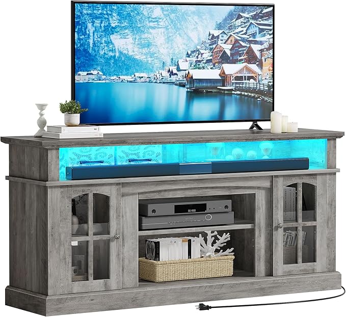 YITAHOME LED Farmhouse TV Stand for 65 Inch w/Outlets, Modern Entertainment Center with Glass Doors and Adjustable Storage Shelves, Media Console TV Cabinet for for Living Room, Grey