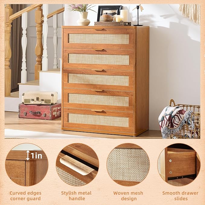 LEYAOYAO Rattan Dresser for Bedroom Set 2, 41" Tall Chest of Drawers, Modern 5 Drawers Boho Dressers with Storage, Light Oak Dresser Wooden Closet Organizer for Living Room, Hallway, Tea Brown