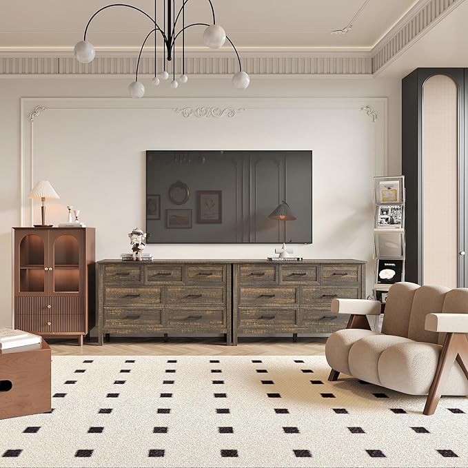 Farmhouse 7 Drawers Dresser for Bedroom, Wood Rustic Wide Chest with Natural Texture, Farmhouse Chest of Drawers for Bedroom, Hallway, Entryway, Dark Brown