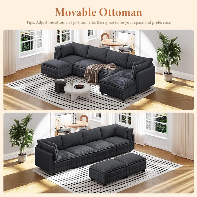 Vesgantti 143" U Shaped Sectional Modular Couch, Comfy Corduroy Upholstered Modular Cloud Sofas for Living Room, Modern Sectional Sofa with 2 Ottoman Deep Seat, Dark Grey