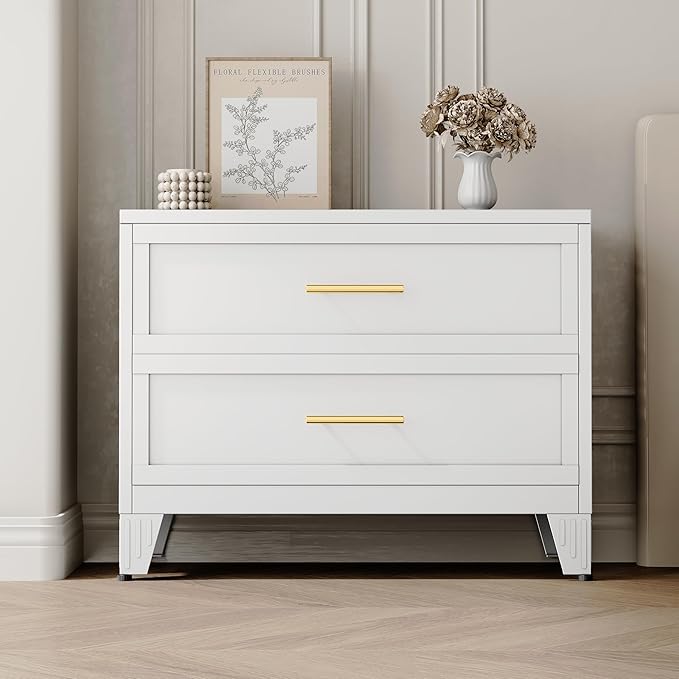 Metal Dresser for Bedroom 2 Drawers Dresser Metal Storage Dressers Organizer,24.8" H White Drawer Chest, Closet Organizers for Living Room, Hallway, Closet